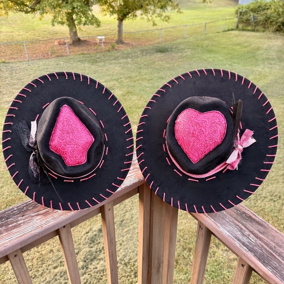 Black Flat Brim hat with Pink Tooled Leather, Arrowhead Shaped Hat - Picture 1 of 4